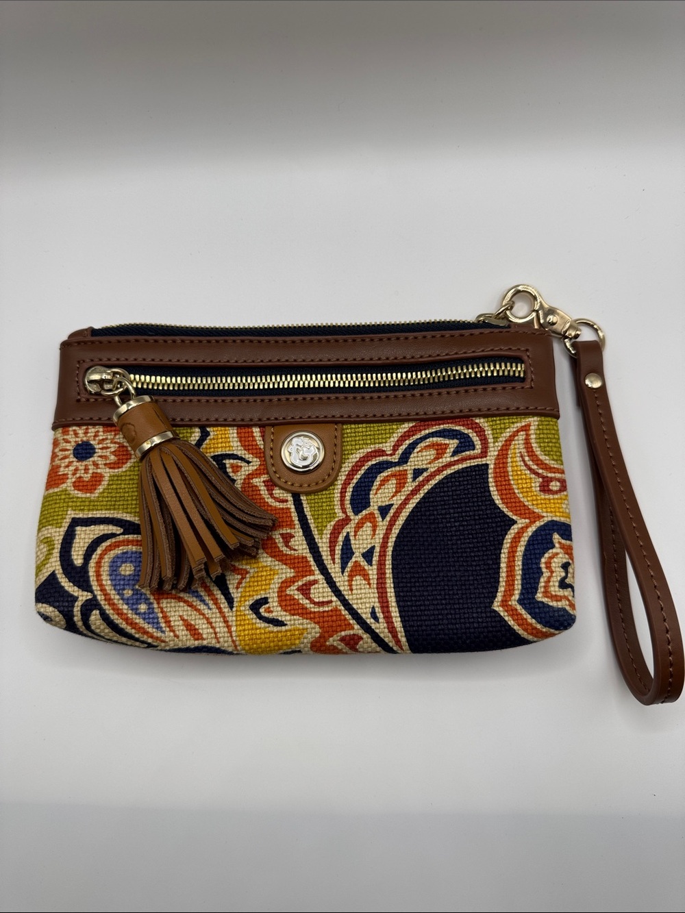 Spartina 449 Brown Navy Orange Paisley Tassel Wristlet